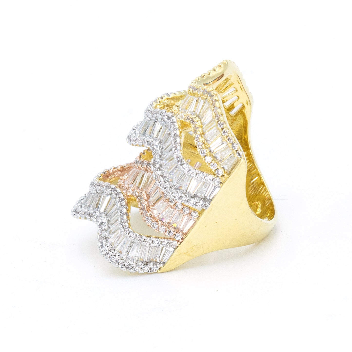Tri colored baguette cocktail ring w/ 3A CZ stones rhodium G plated