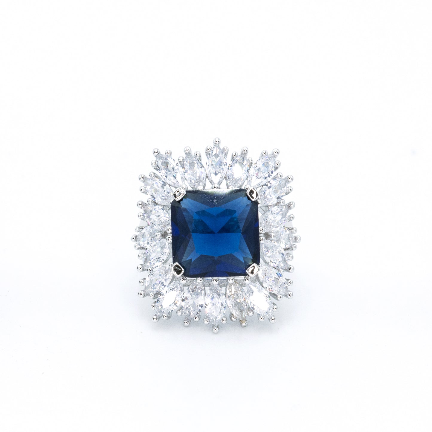 Sapphire stone ring clustered w/ 3A CZ stones rhodium plated