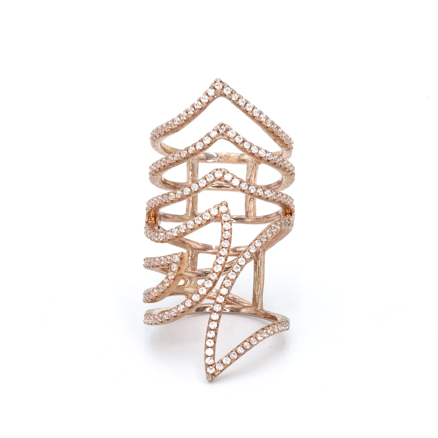 Pave zigzag full finger ring w/ 3A CZ stones rhodium RG plated Rose Gold