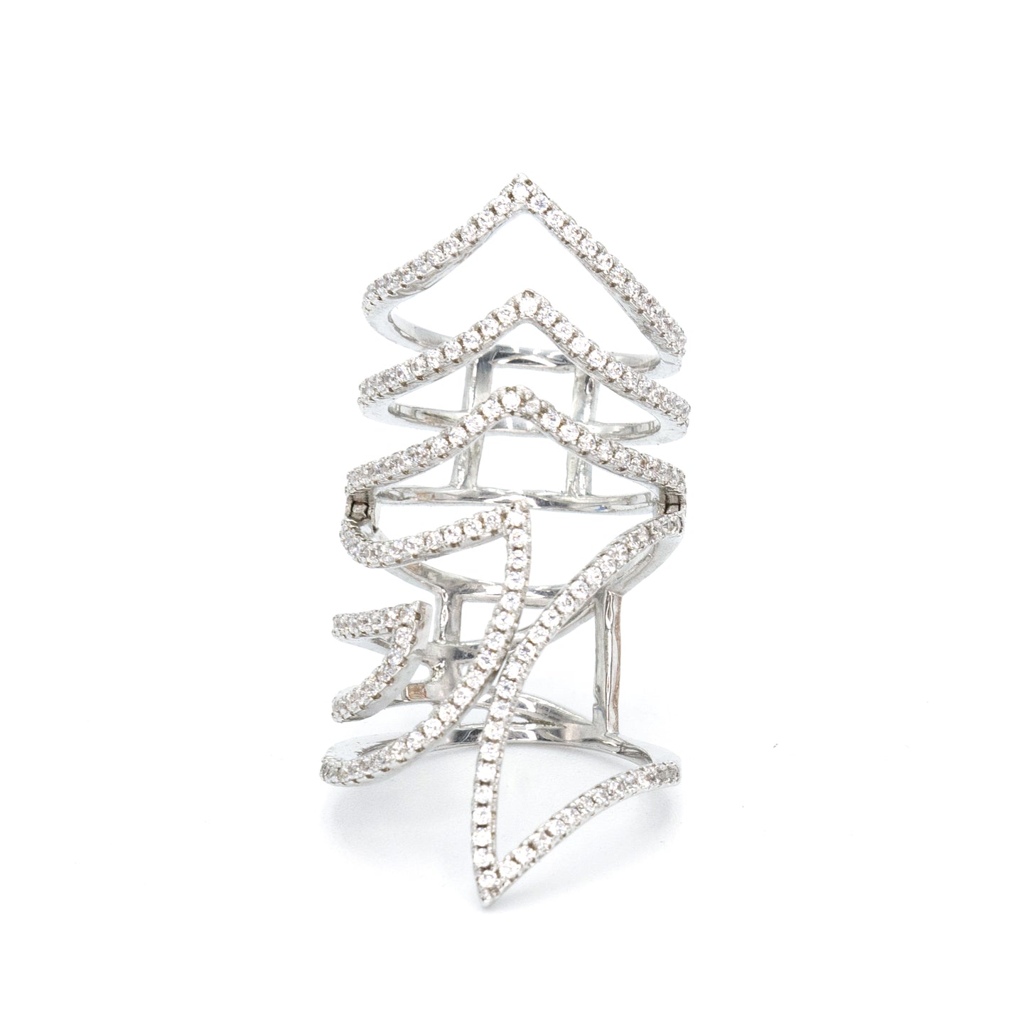 Pave zigzag full finger ring w/ 3A CZ stones rhodium plated White Gold