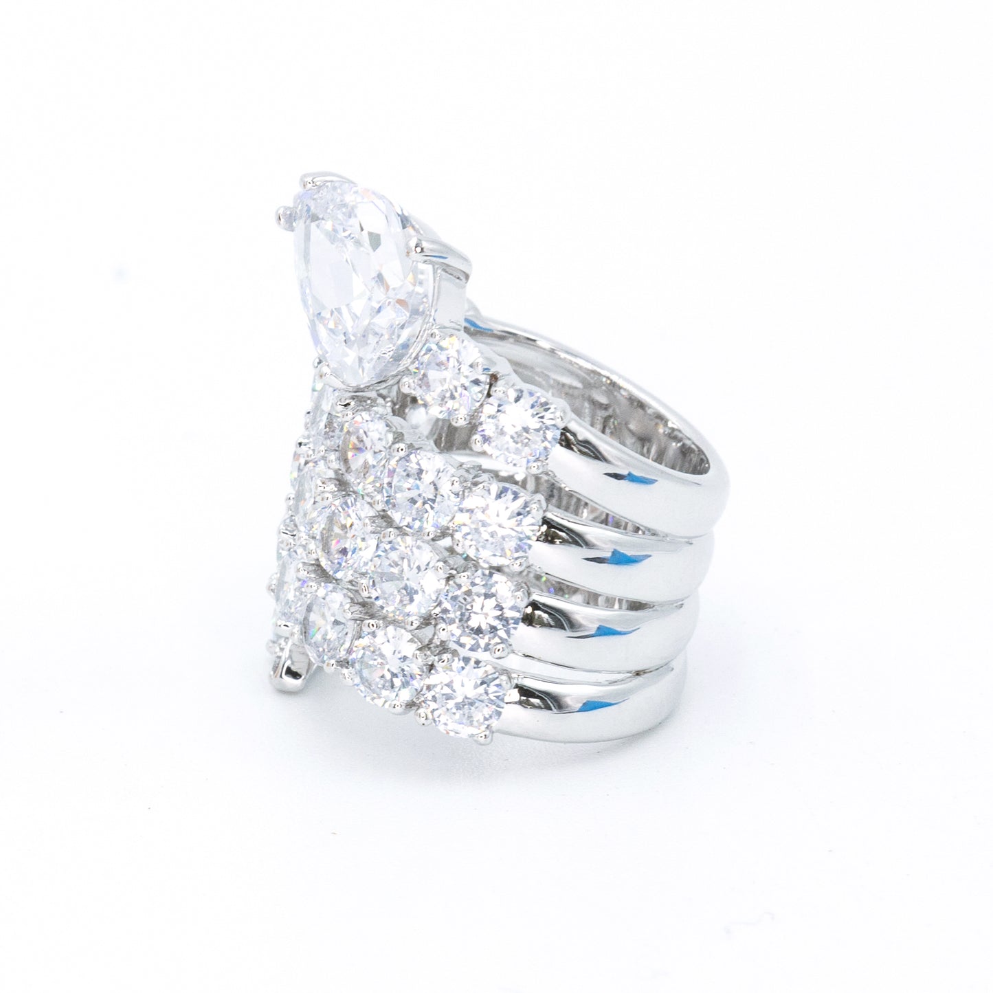 Snakelike cocktail ring w/ teardrop and round 3A CZ stones rhodium plated