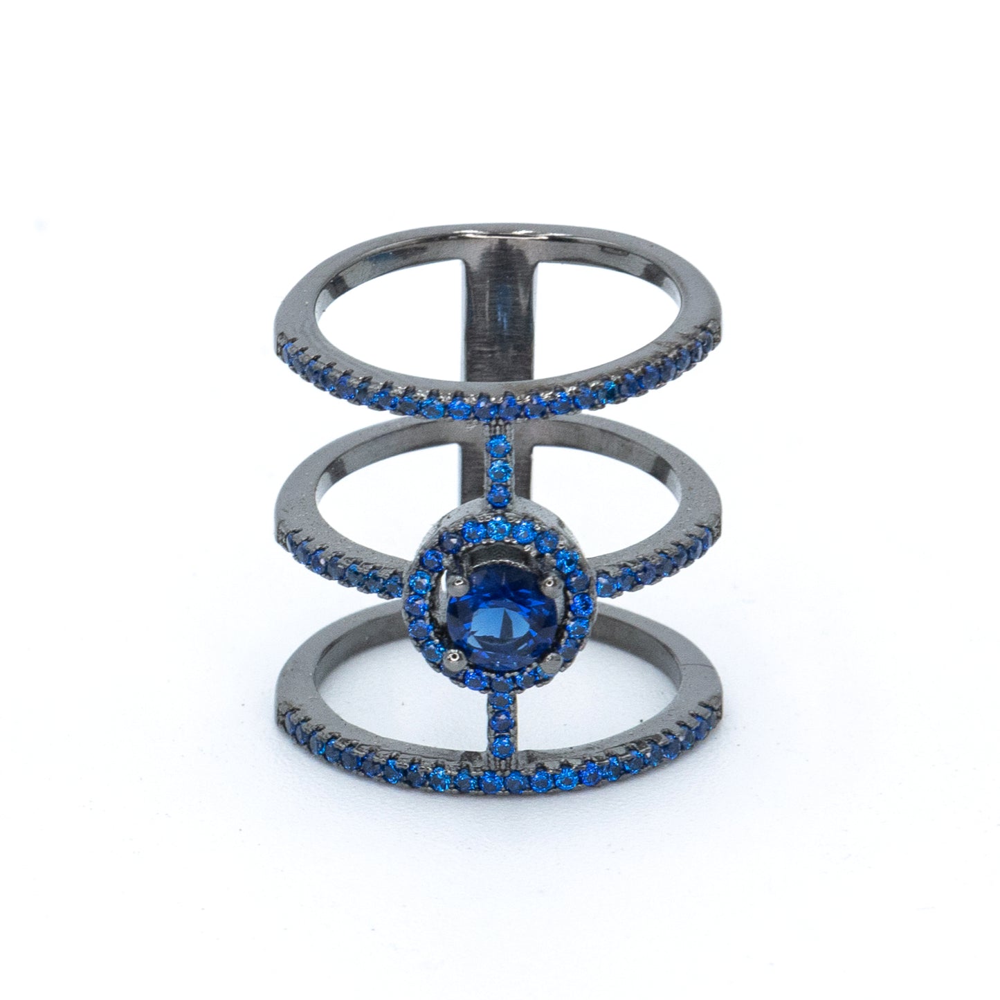 Triad pave ring w/ 3A Sapphire CZ stones GM plated