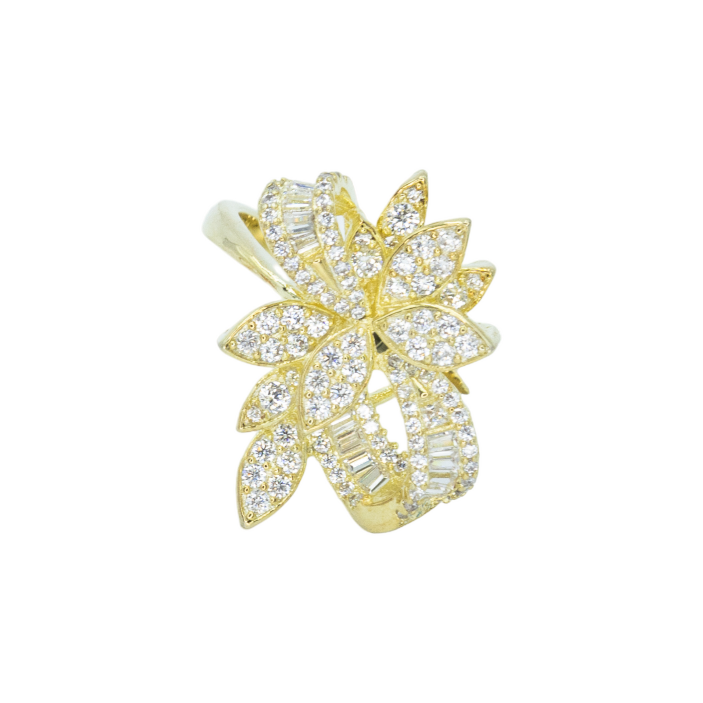 Flower encrusted ring with pave and baguette 3A CZ stones rhodium G plated