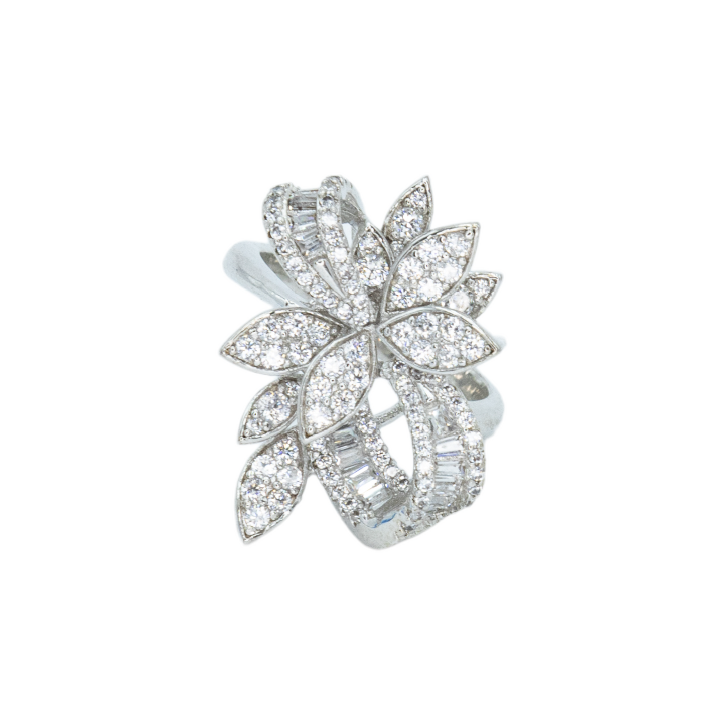 Flower encrusted ring with pave and baguette 3A CZ stones rhodium plated