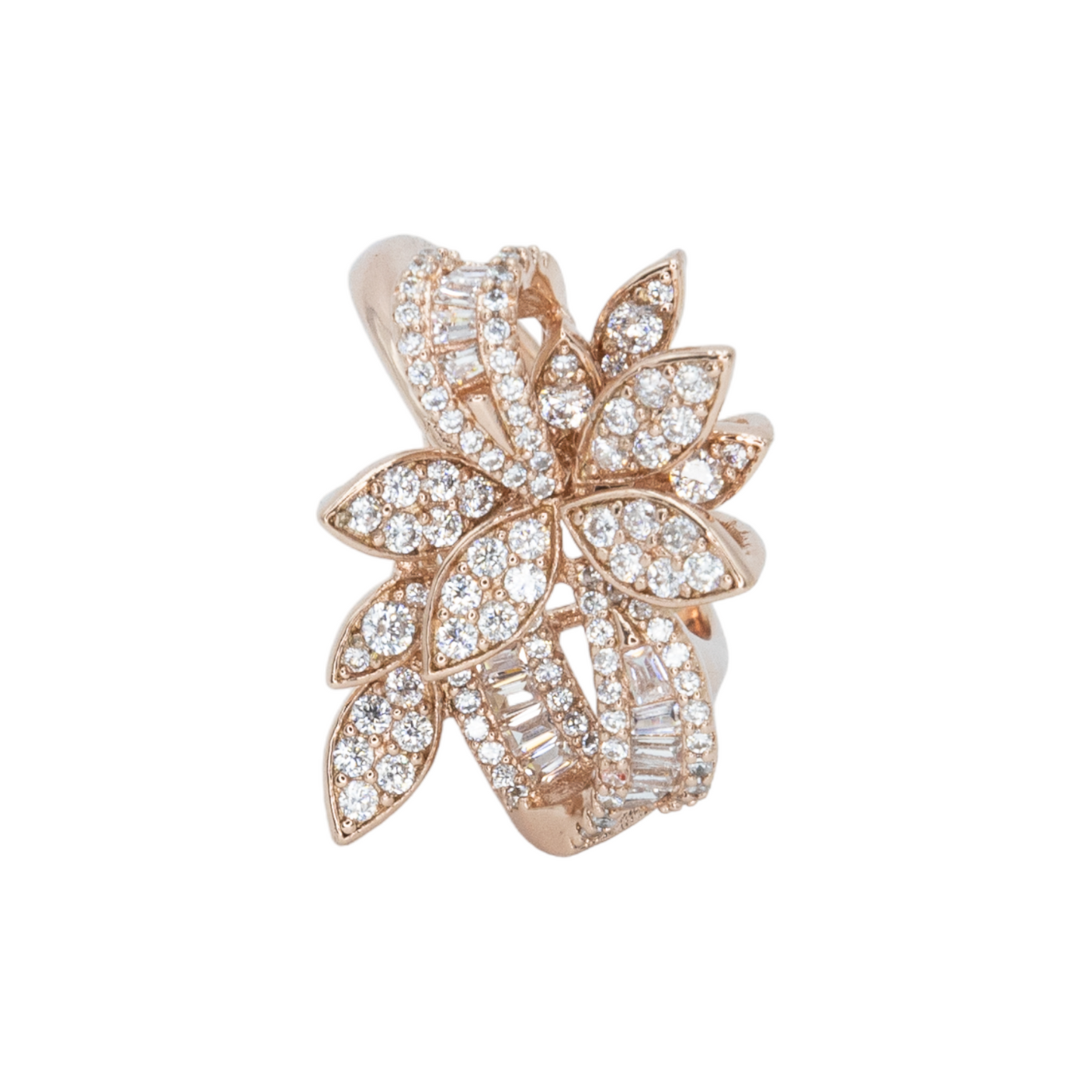 Flower encrusted ring with pave and baguette 3A CZ stones rhodium RG plated