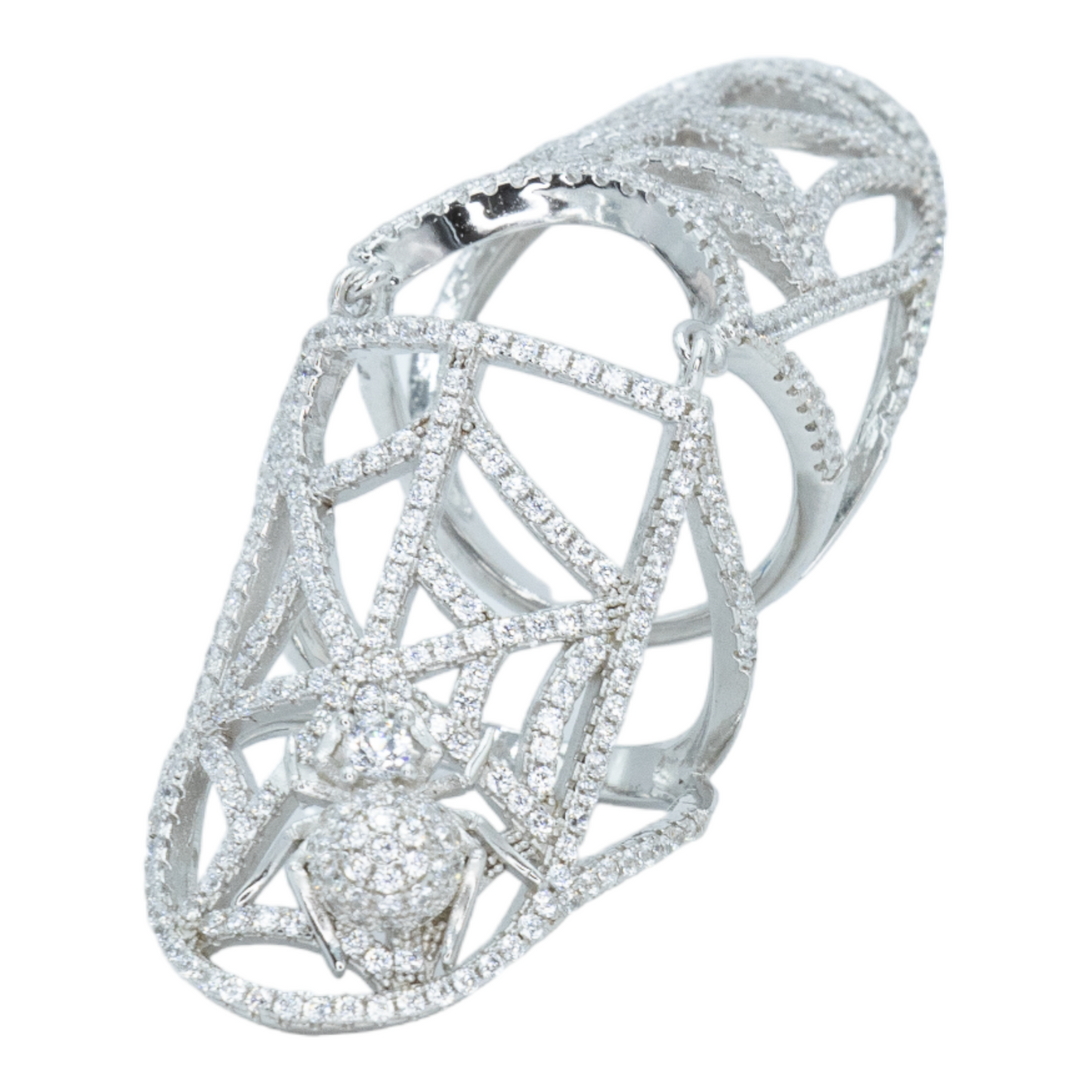 Full finger spider web pave ring w/ 3A CZ stones rhodium plated