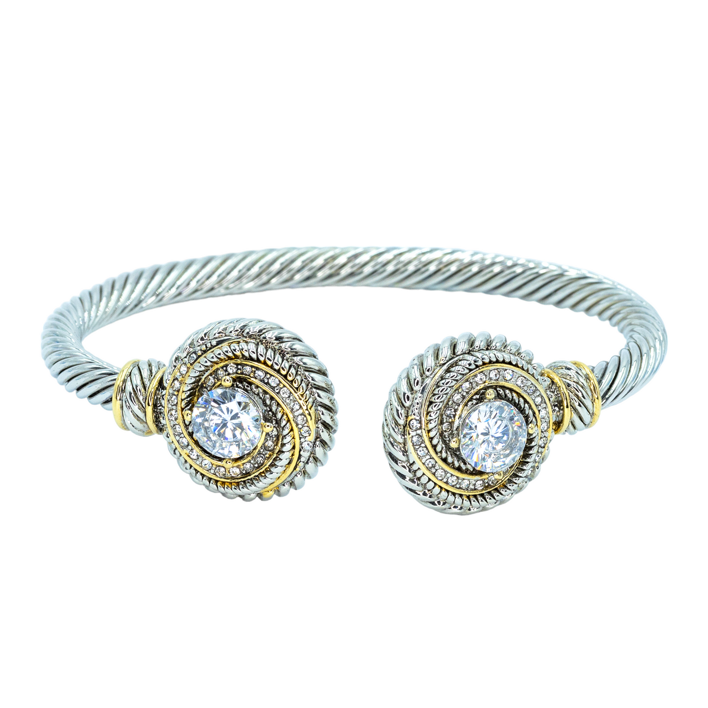Rhodium plated two toned round clear stone bangle
