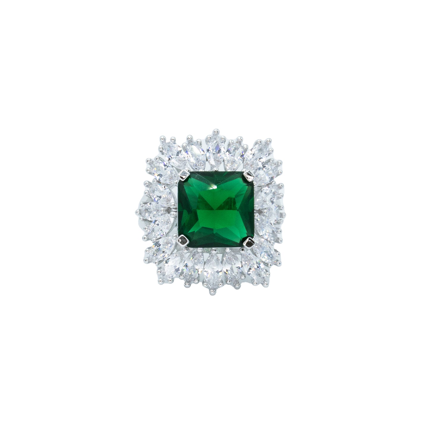 Emerald stone ring clustered w/ 3A CZ stones rhodium plated