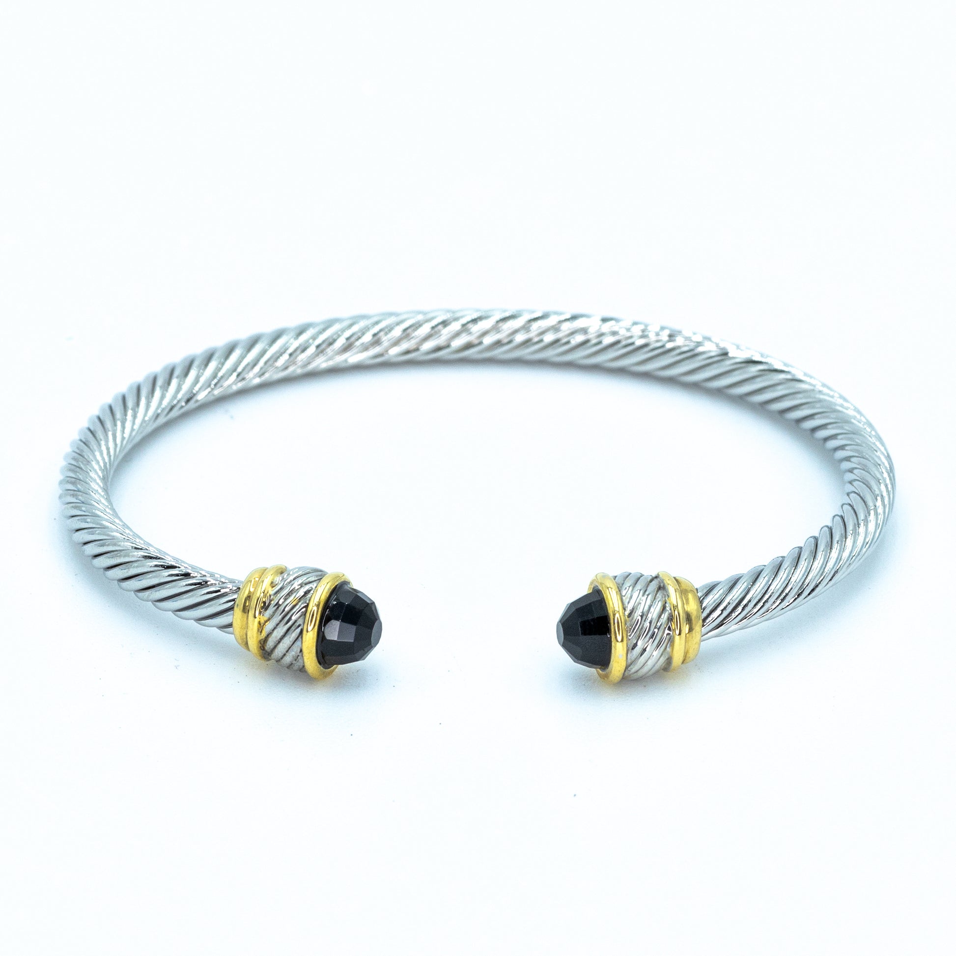 Rhodium plated wire cuff w/ jet black stone Default Title