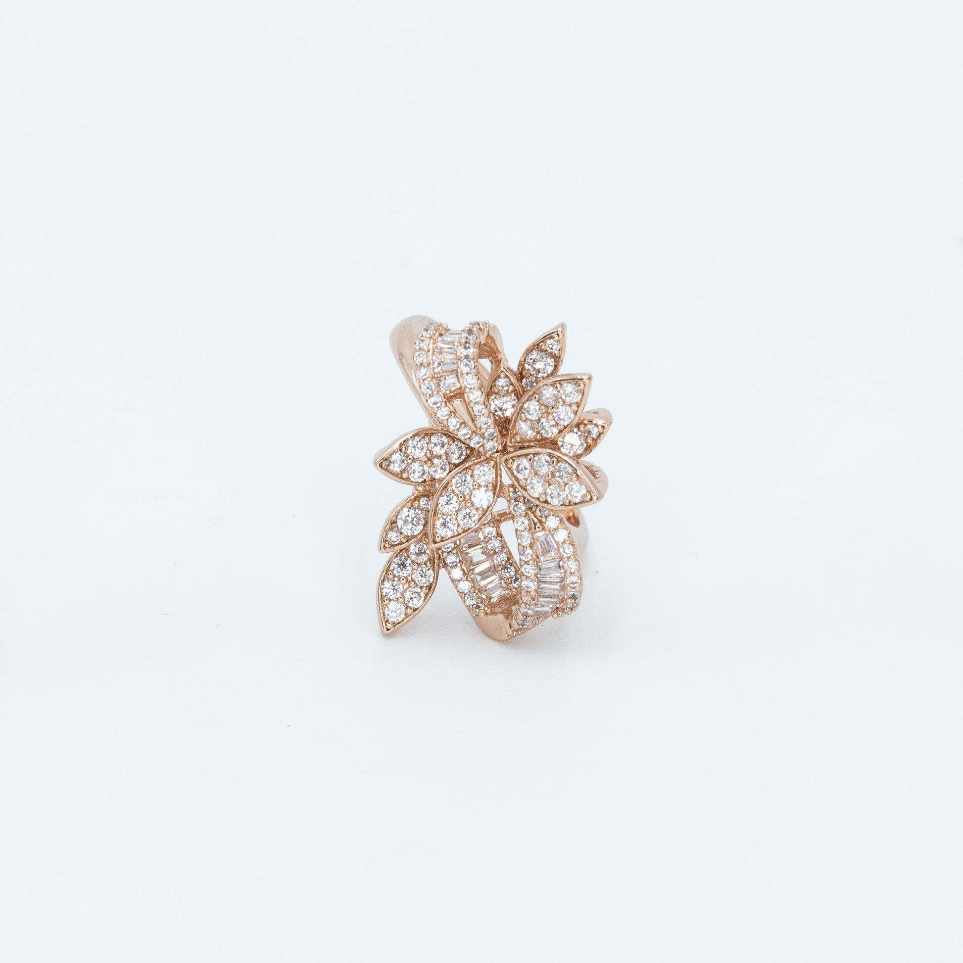 Flower encrusted ring with pave and baguette 3A CZ stones rhodium RG plated Default Title