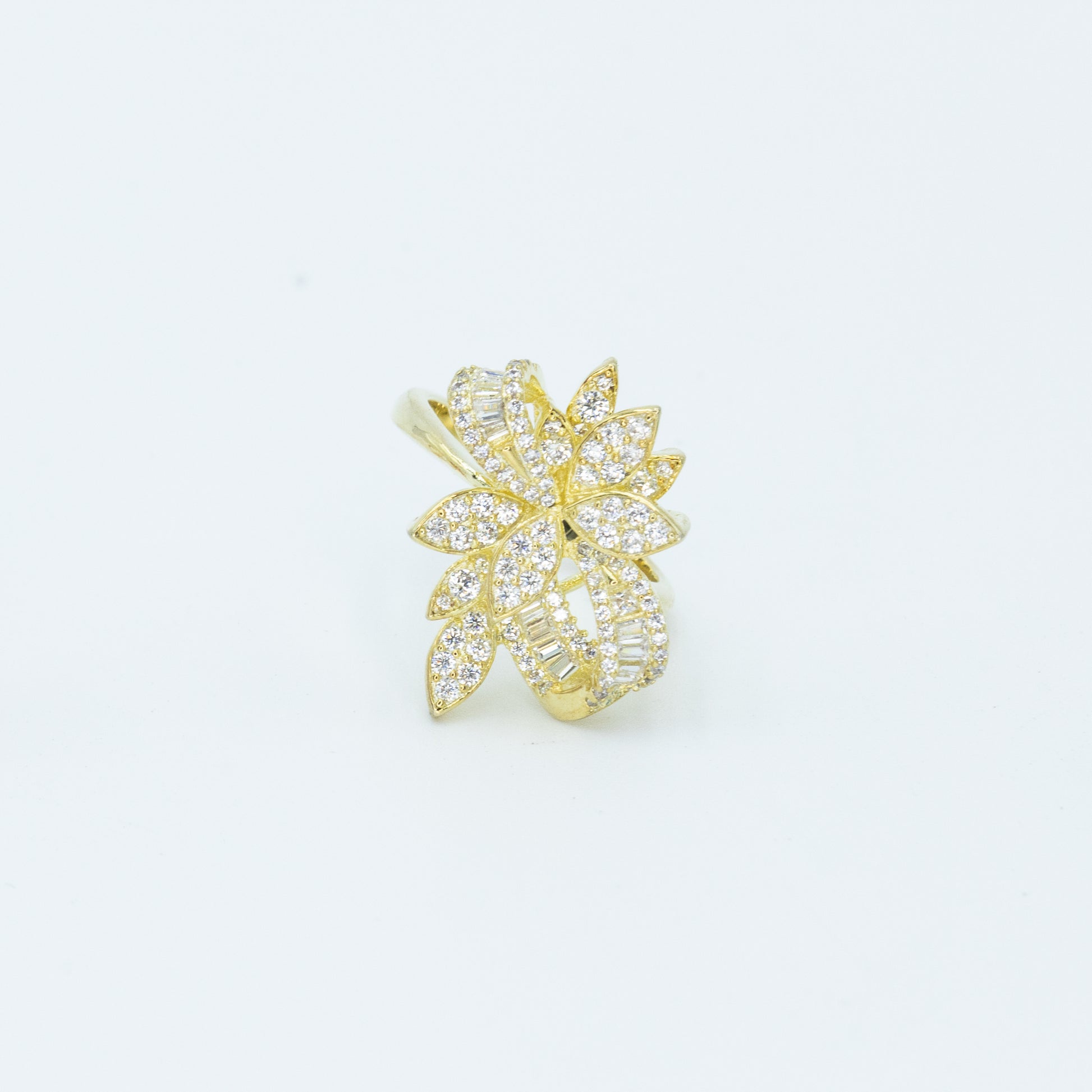 Flower encrusted ring with pave and baguette 3A CZ stones rhodium G plated Default Title